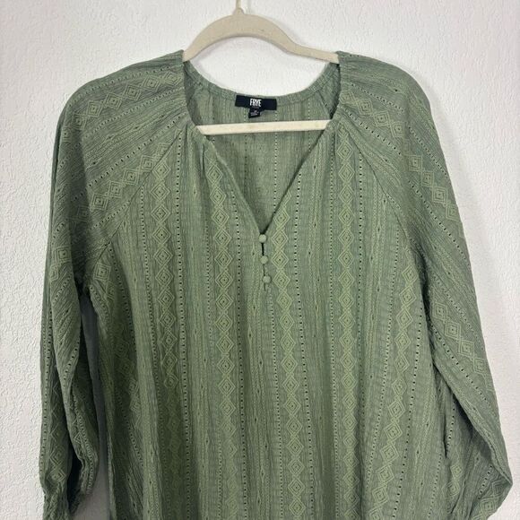 Frye Green Embroidered Patterned V Neck Long Sleeve Blouse Top Size Medium - Picture 3 of 6